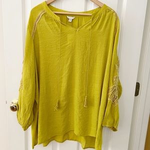 Cato C'est 1946 Sz 22/24W Peasant Top Bohemian Yellow Lightweight Lace Sleeve
